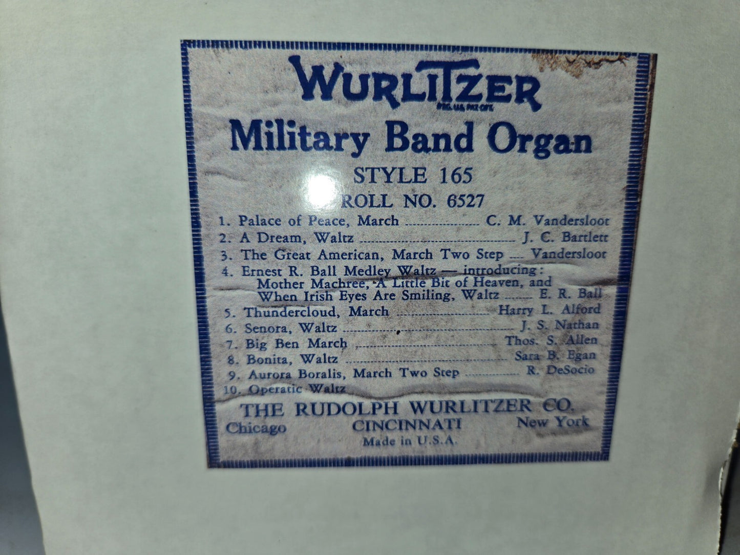 WURLITZER 165 BAND ORGAN ROLL #6527 Palace of Peace A Dream