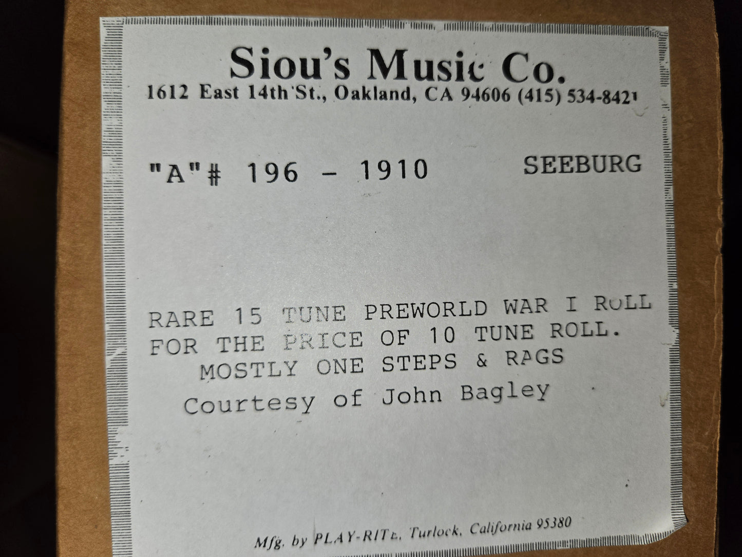 A-Roll A-196 RECUT Nickelodeon Roll 15 Tune Pre World War I Roll